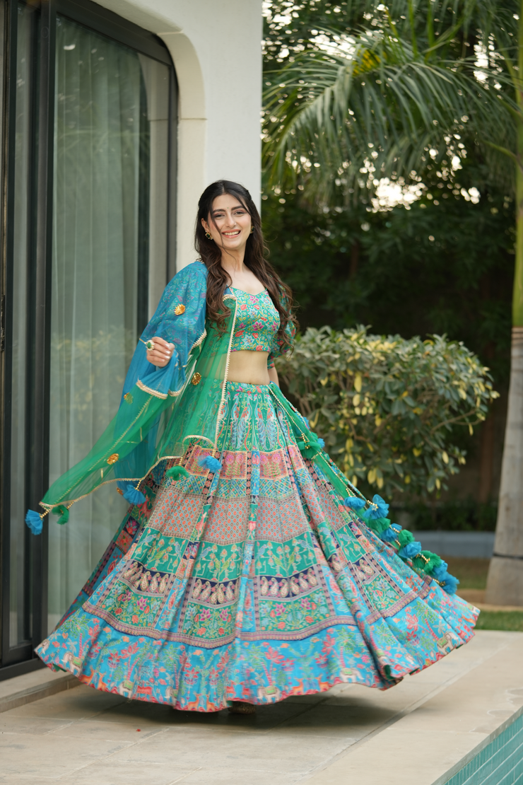 Turquoise Silk Lehenga Set