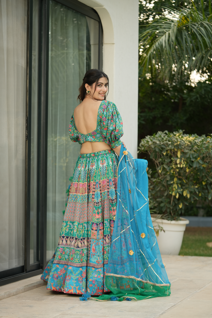 Turquoise Silk Lehenga Set