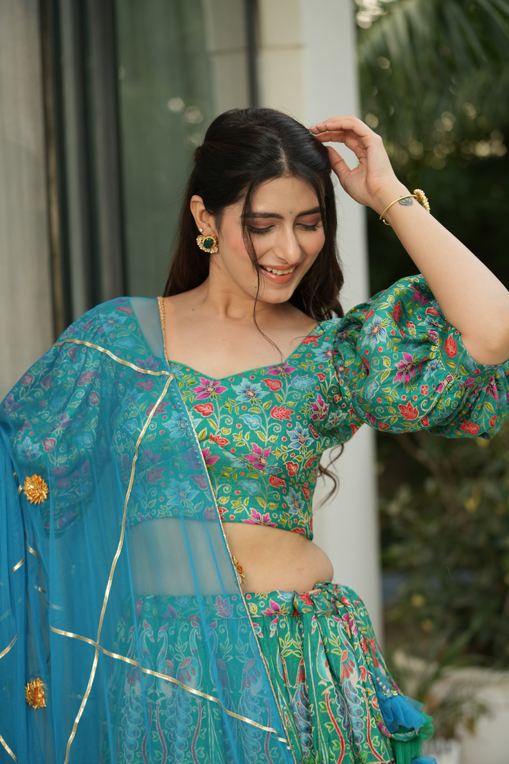 Turquoise Silk Lehenga Set