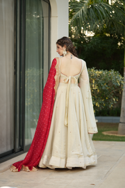 Half White with Red Cosmos Silk Lehenga Choli Set