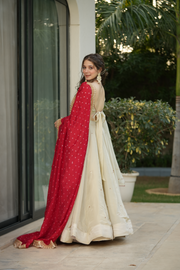 Half White with Red Cosmos Silk Lehenga Choli Set