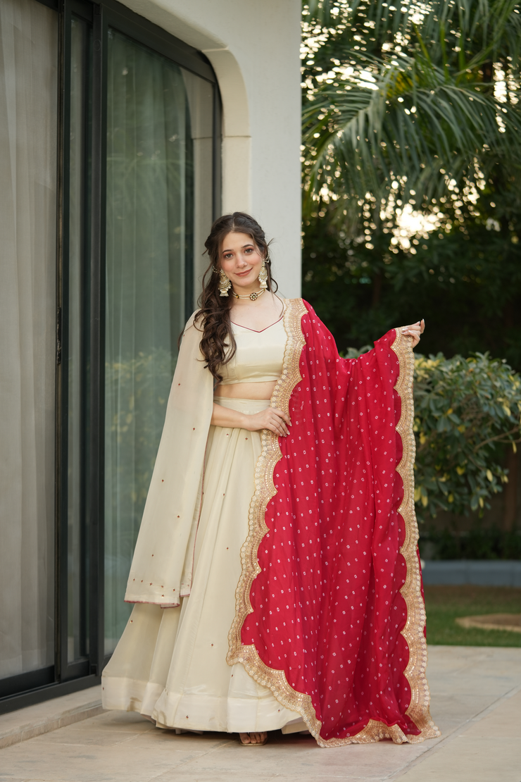 Half White with Red Cosmos Silk Lehenga Choli Set