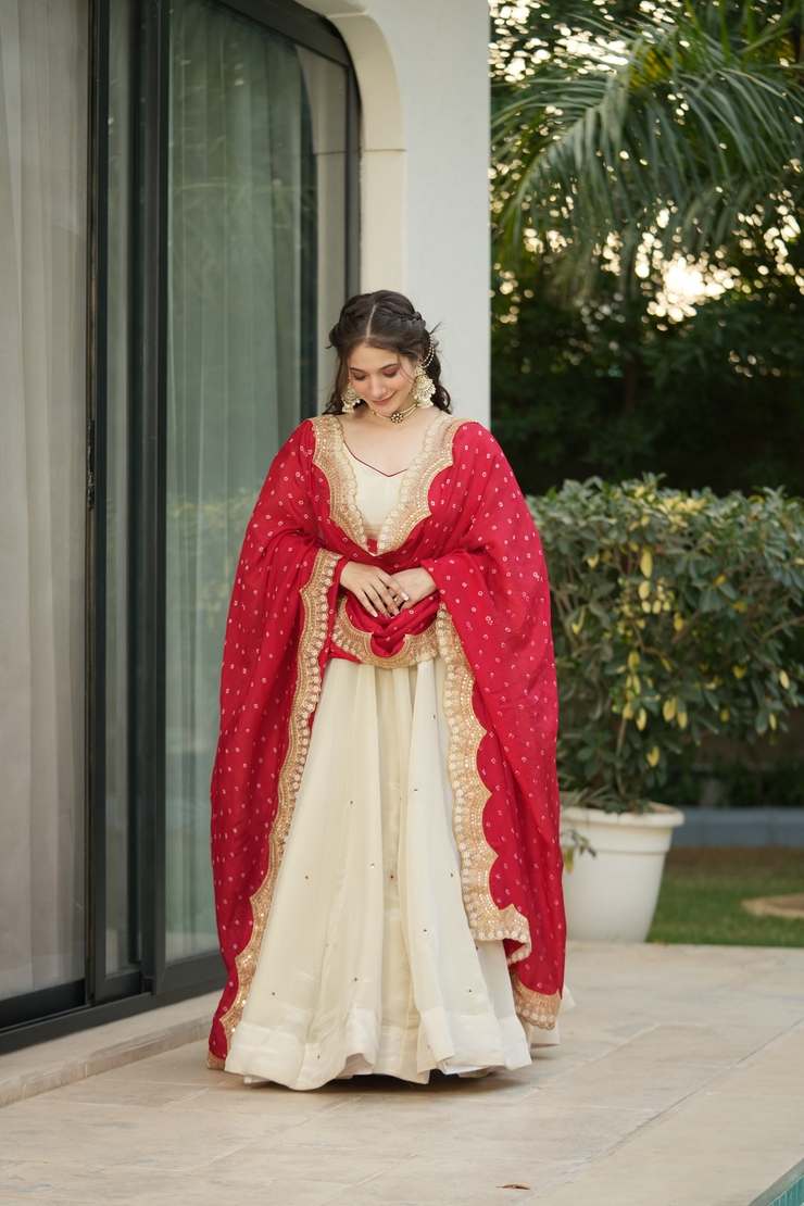 Half White with Red Cosmos Silk Lehenga Choli Set