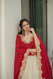 Half White with Red Cosmos Silk Lehenga Choli Set