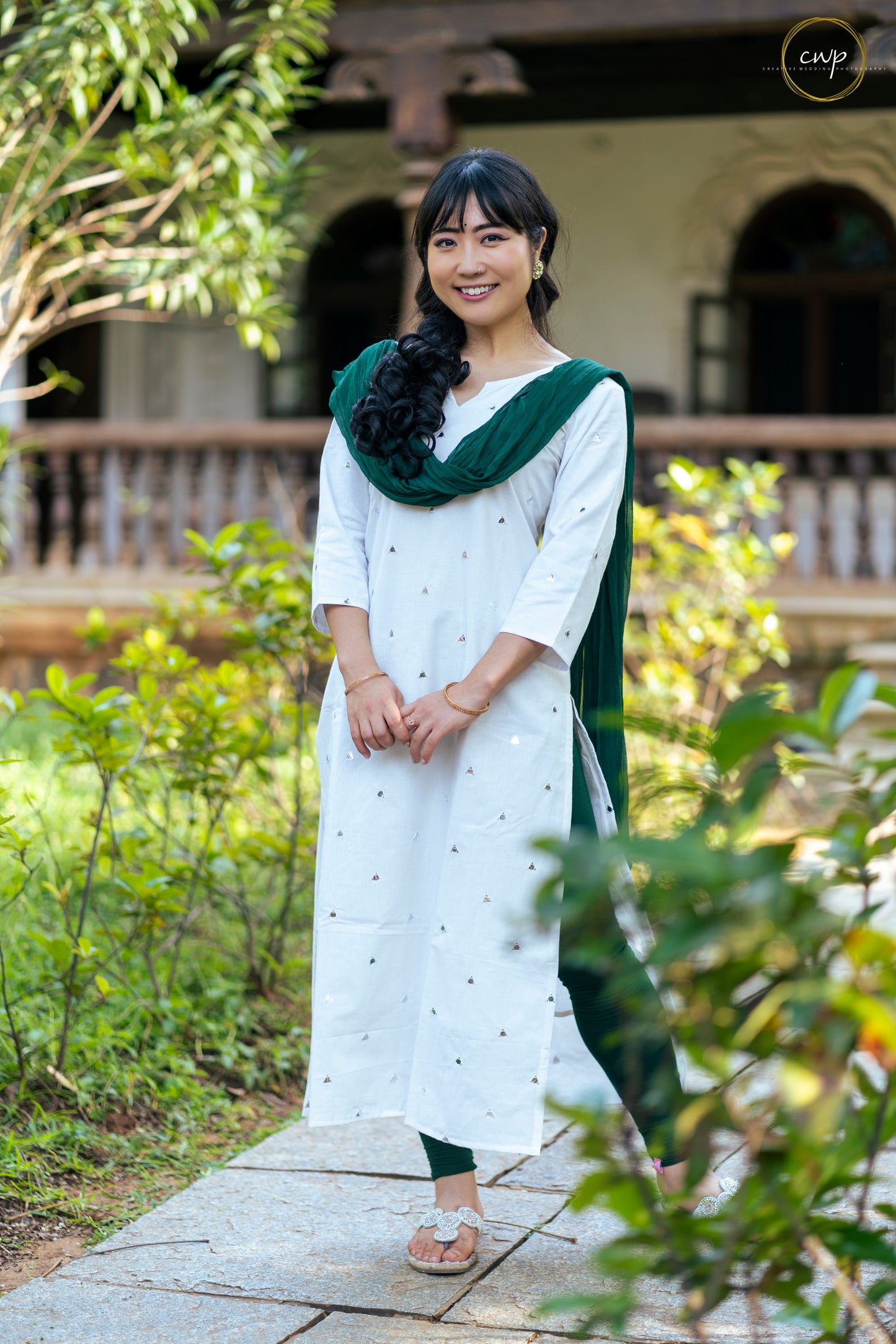 White Malai cotton Mirror work Kurti