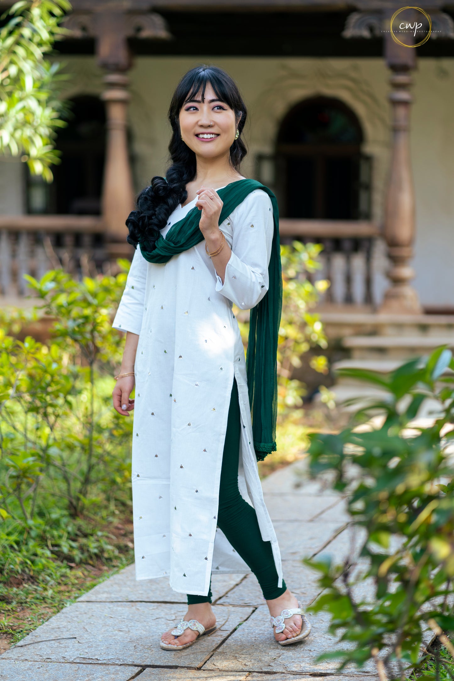 White Malai cotton Mirror work Kurti