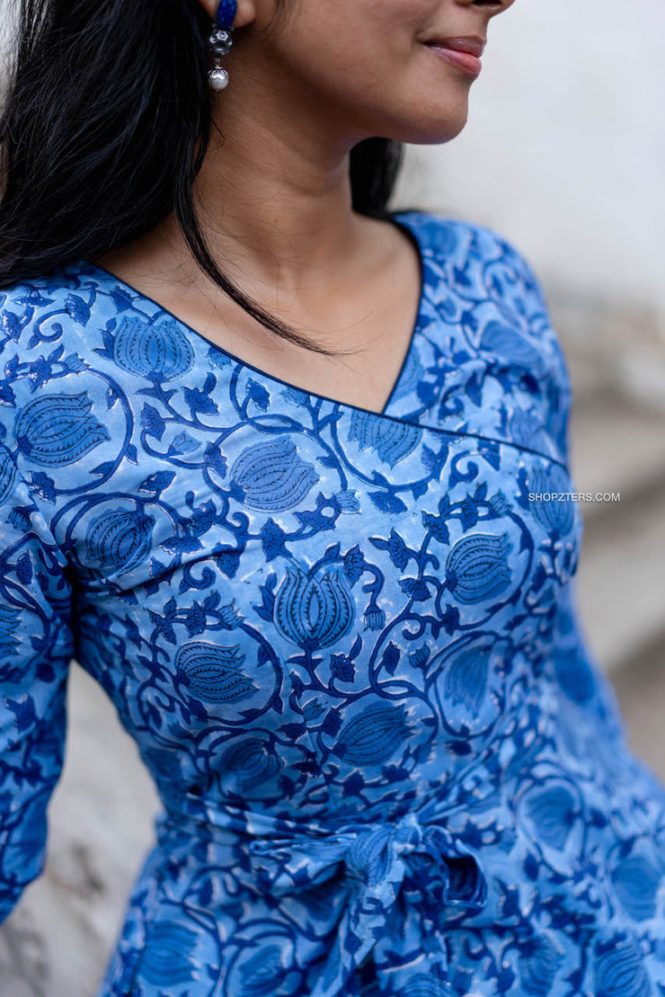 Blue Floral Hand Block Printed Midi Dress