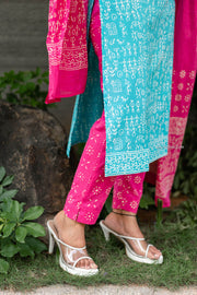 Turquoise & Pink Warli Hand Block Printed Suit Set