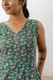 Green Floral Hand Block Printed Jumpsuit