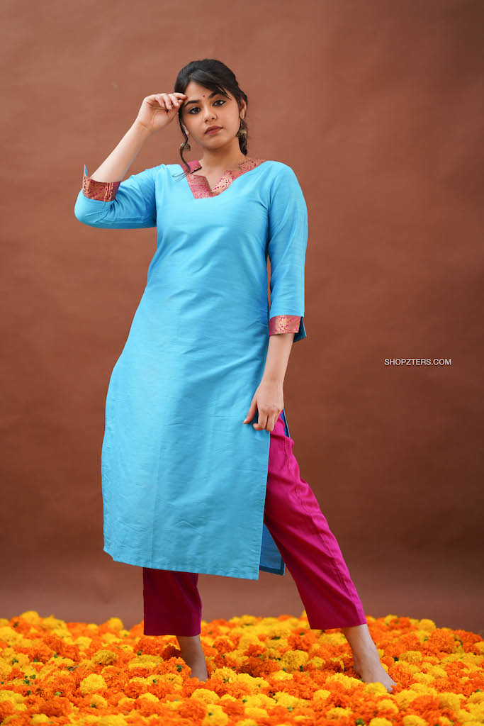 Deep Sky Blue Dupion Kurta Set