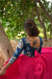 Pink Silk Dress with Blue Jacquard Silk Yoke