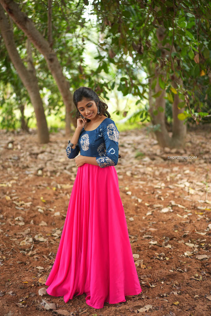Pink Silk Dress with Blue Jacquard Silk Yoke