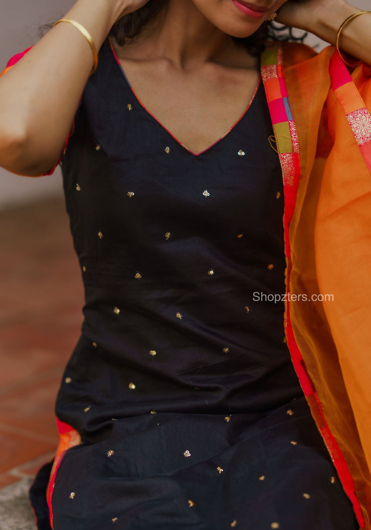 Black Chanderi Sequin Kurti With Multi Colour Dupatta