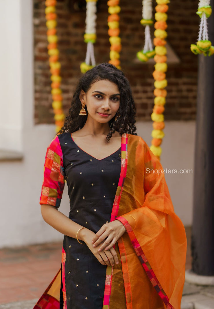Black Chanderi Sequin Kurti With Multi Colour Dupatta