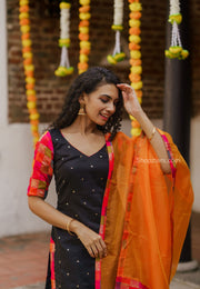 Black Chanderi Sequin Kurti With Multi Colour Dupatta