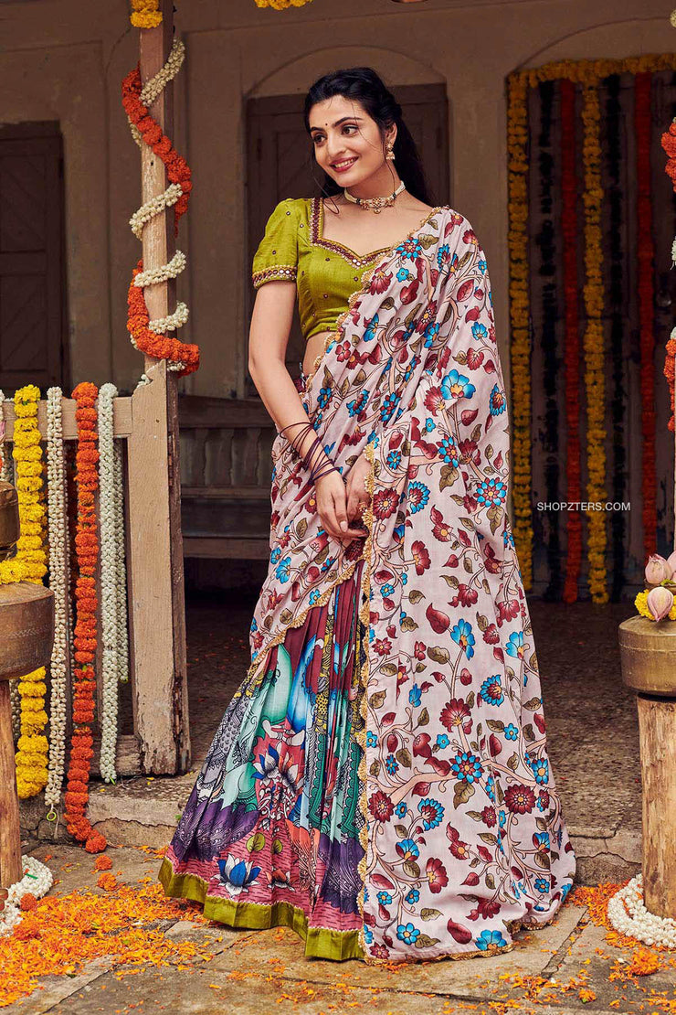 Anya - Where tradition meets fashion - An elegantly customized Kalamkari  half saree with Kanchi silk border! Here, we are featuring our first client  in a masterpiece created especially for her! This