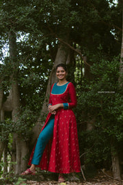 Red Indo Western Slit Dress with Blue Pant