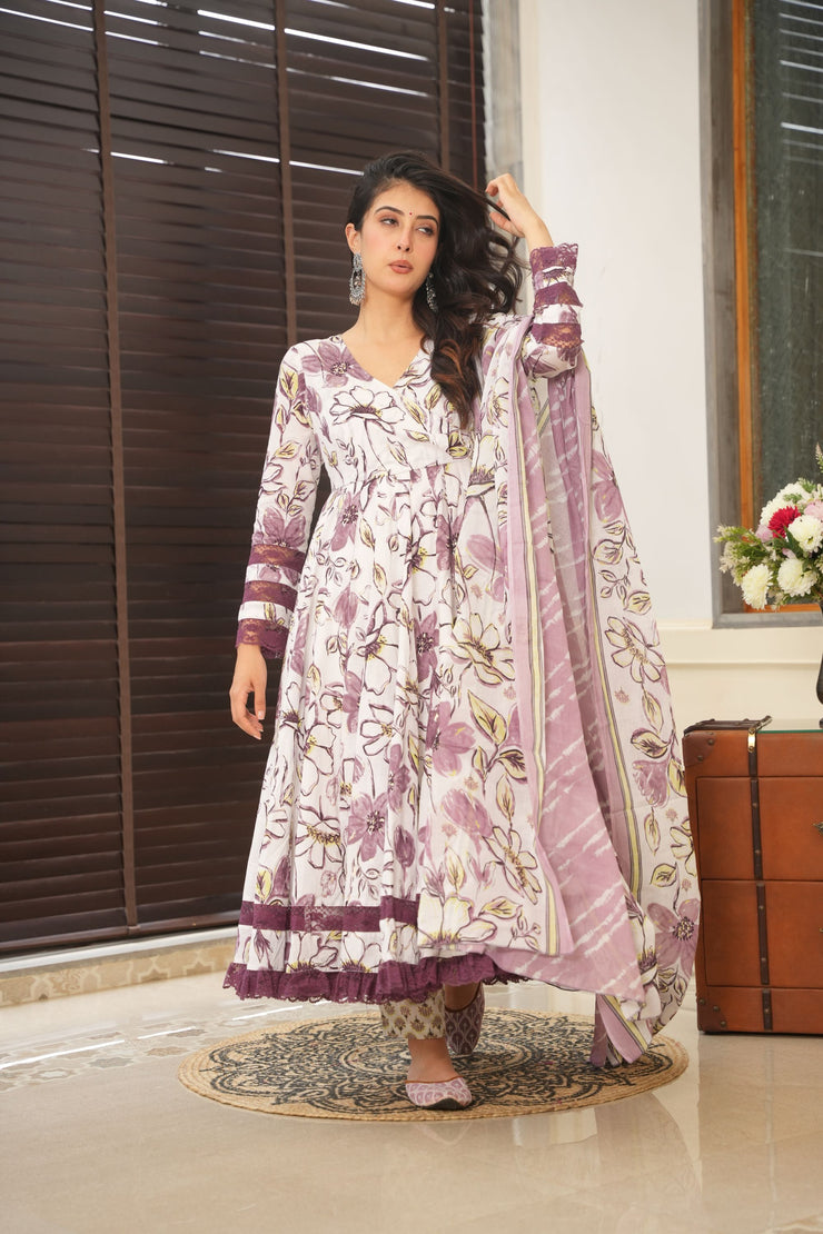 Floral purple cotton suit set