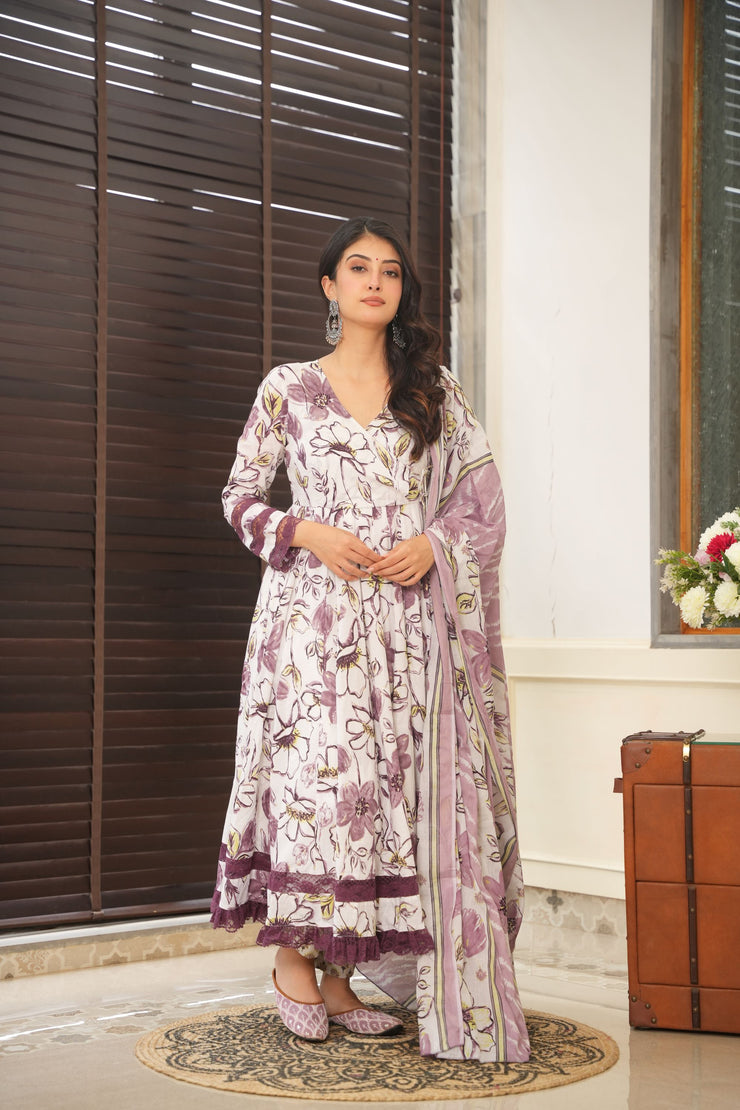 Floral purple cotton suit set