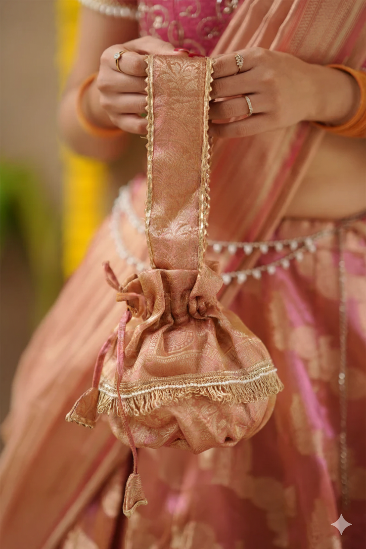 Sangavi 2-In-1 Tissue Zari Lehenga Set In Peach Gold