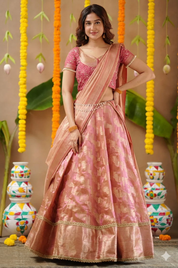 Sangavi 2-In-1 Tissue Zari Lehenga Set In Peach Gold