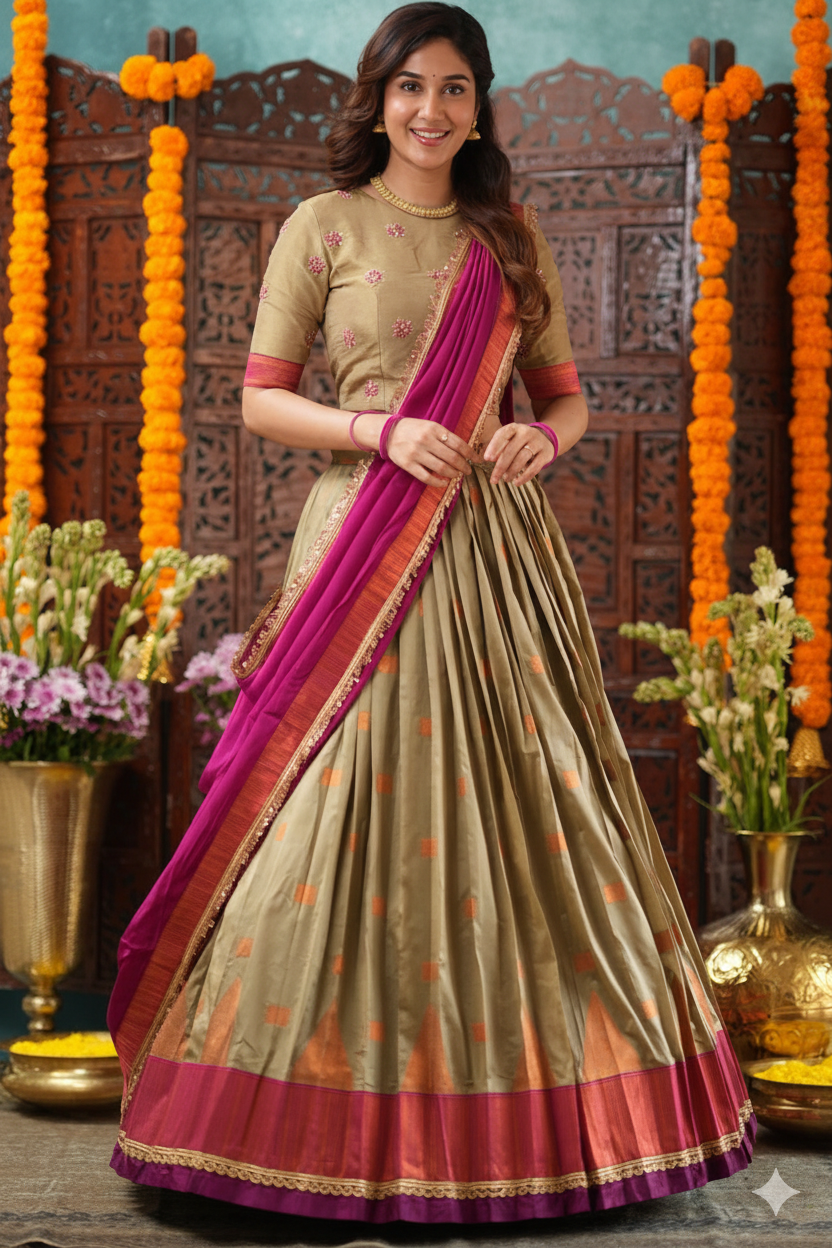 Copper Wine Natural Crep Lehenga Set