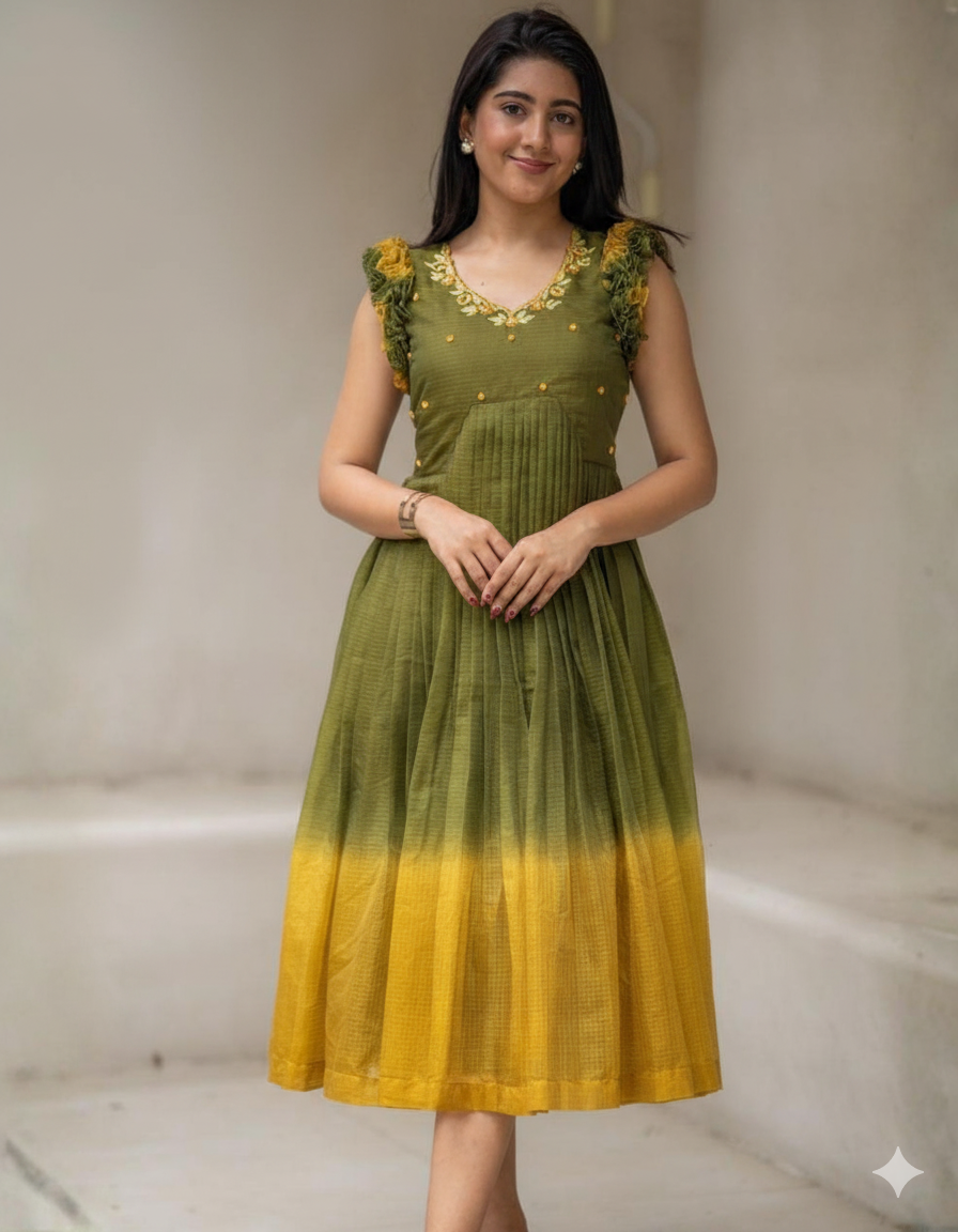 Teracotta Olive Green Kota Ruffle Midi Dress