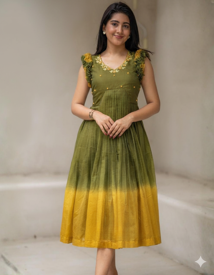 Teracotta Olive Green Kota Ruffle Midi Dress