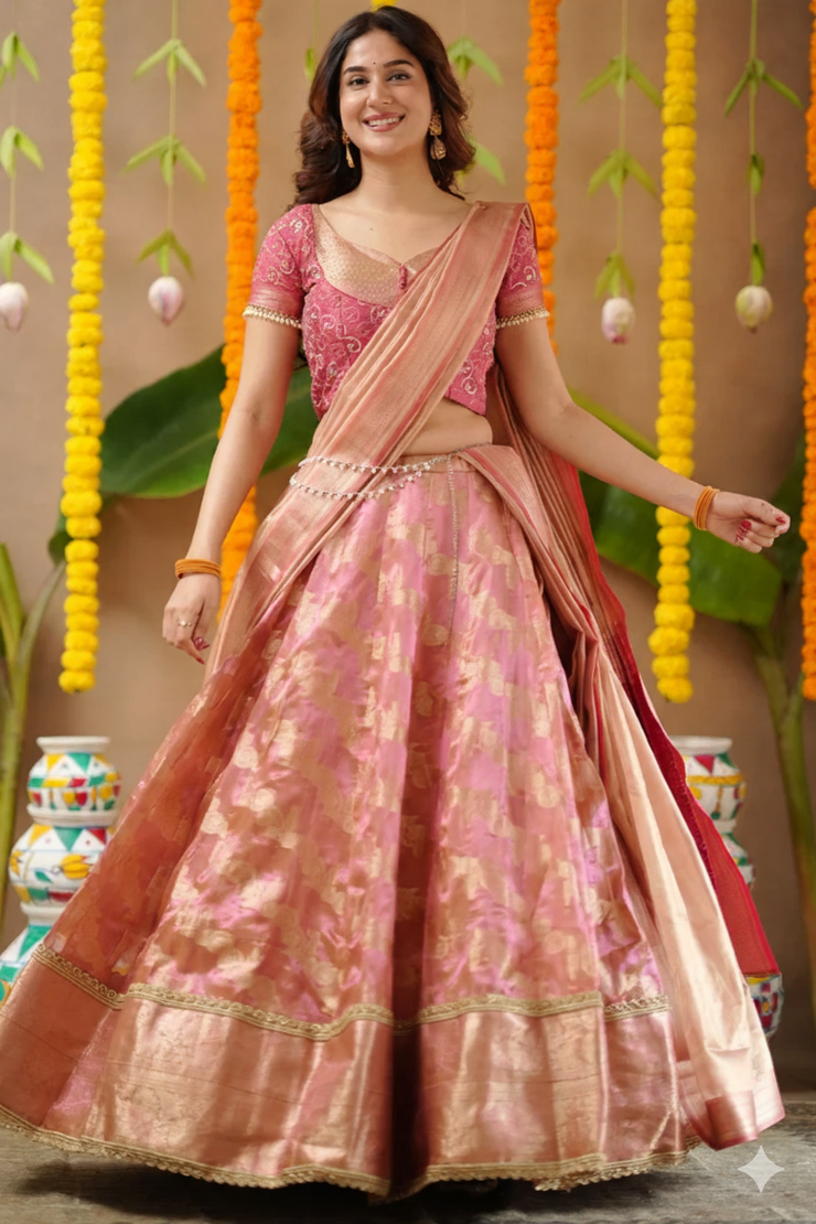 Sangavi 2-In-1 Tissue Zari Lehenga Set In Peach Gold
