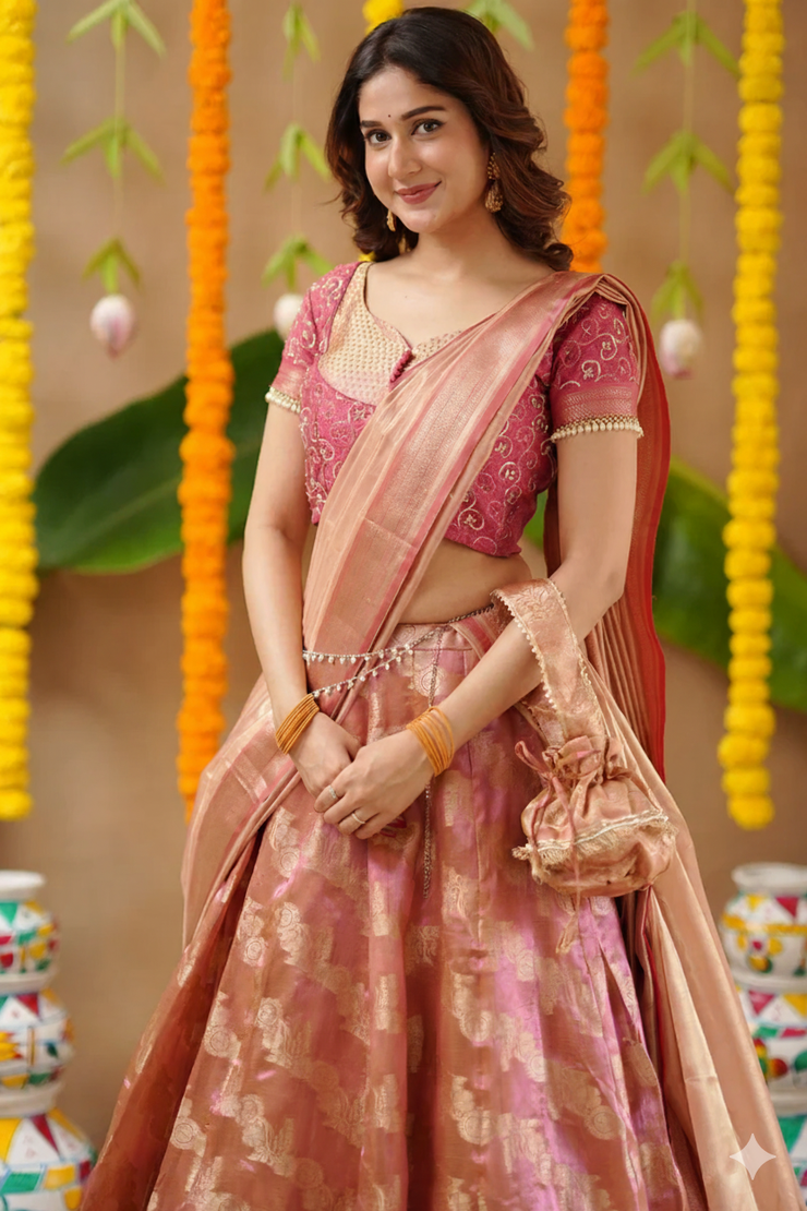 Sangavi 2-In-1 Tissue Zari Lehenga Set In Peach Gold