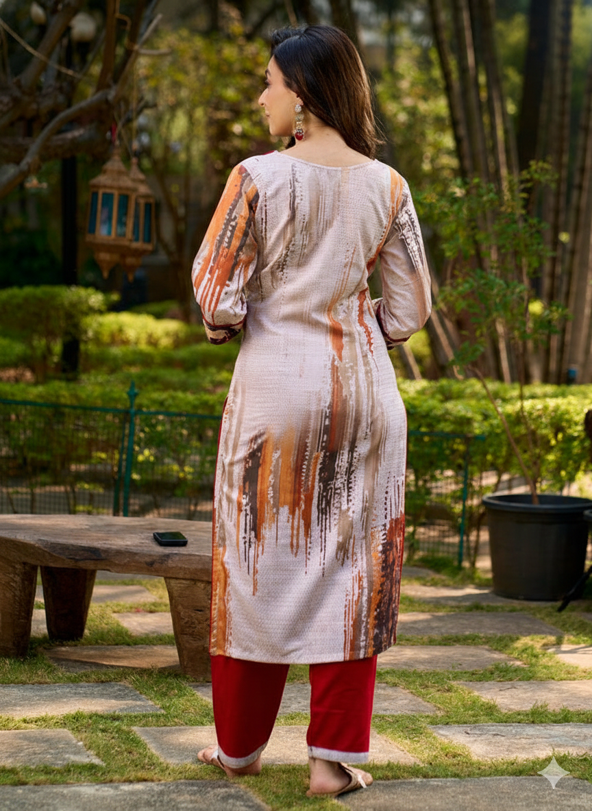 off-white kurta cow artwork highlighted with classic red tones