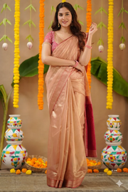 Sangavi 2-In-1 Tissue Zari Lehenga Set In Peach Gold