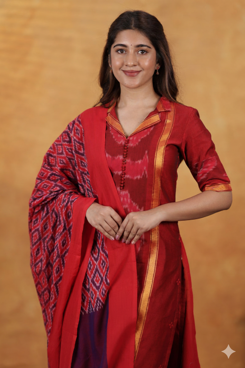 Trinetri Red Handloom Suit Set