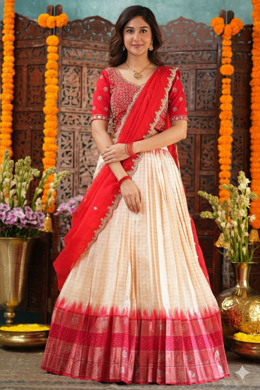 Red Checks Pattu Lehenga Set