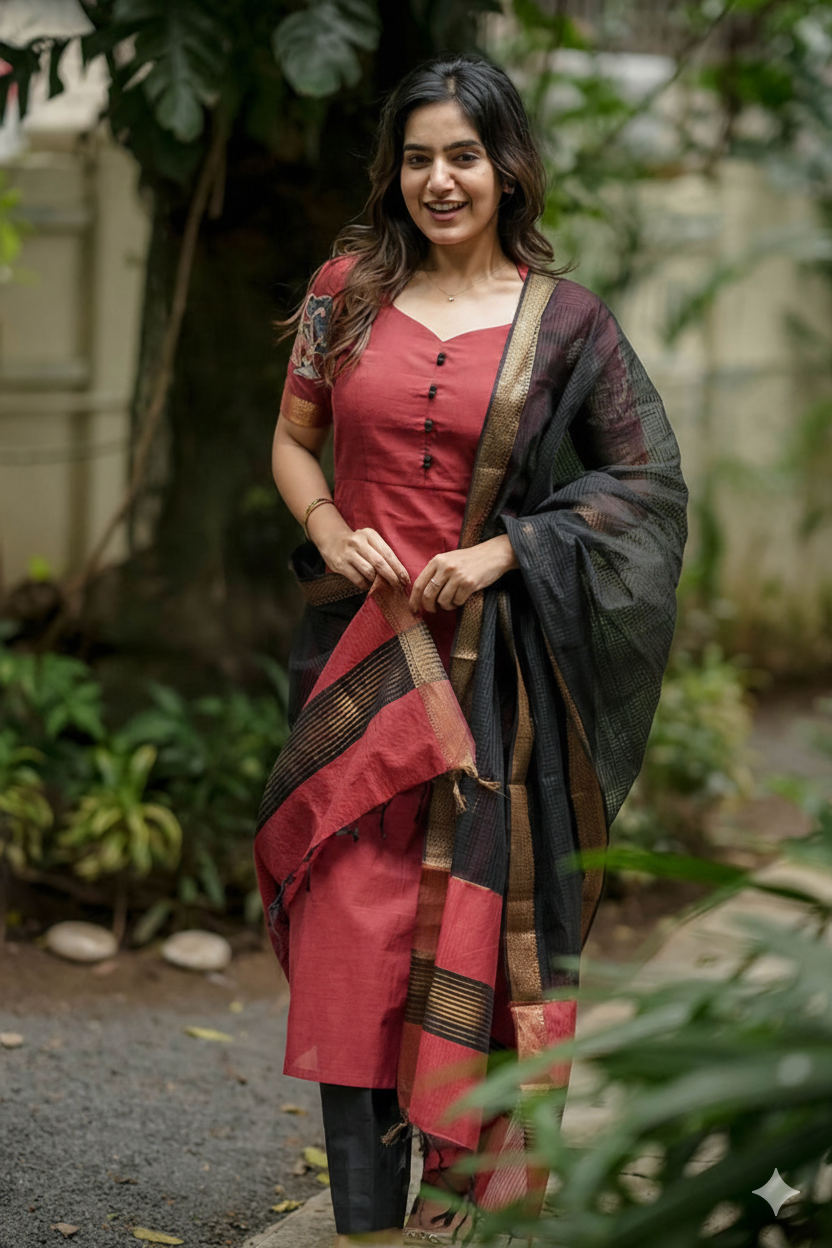 Maroon Manglagiri Cotton Kurta Set