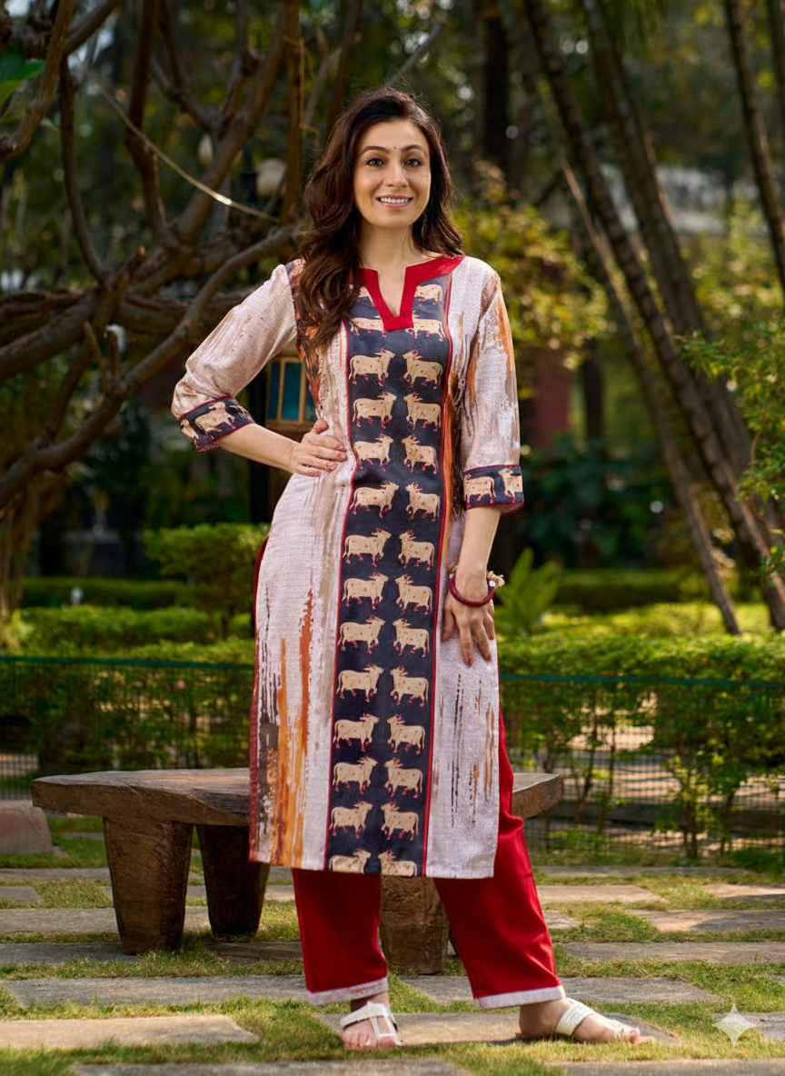 off-white kurta cow artwork highlighted with classic red tones
