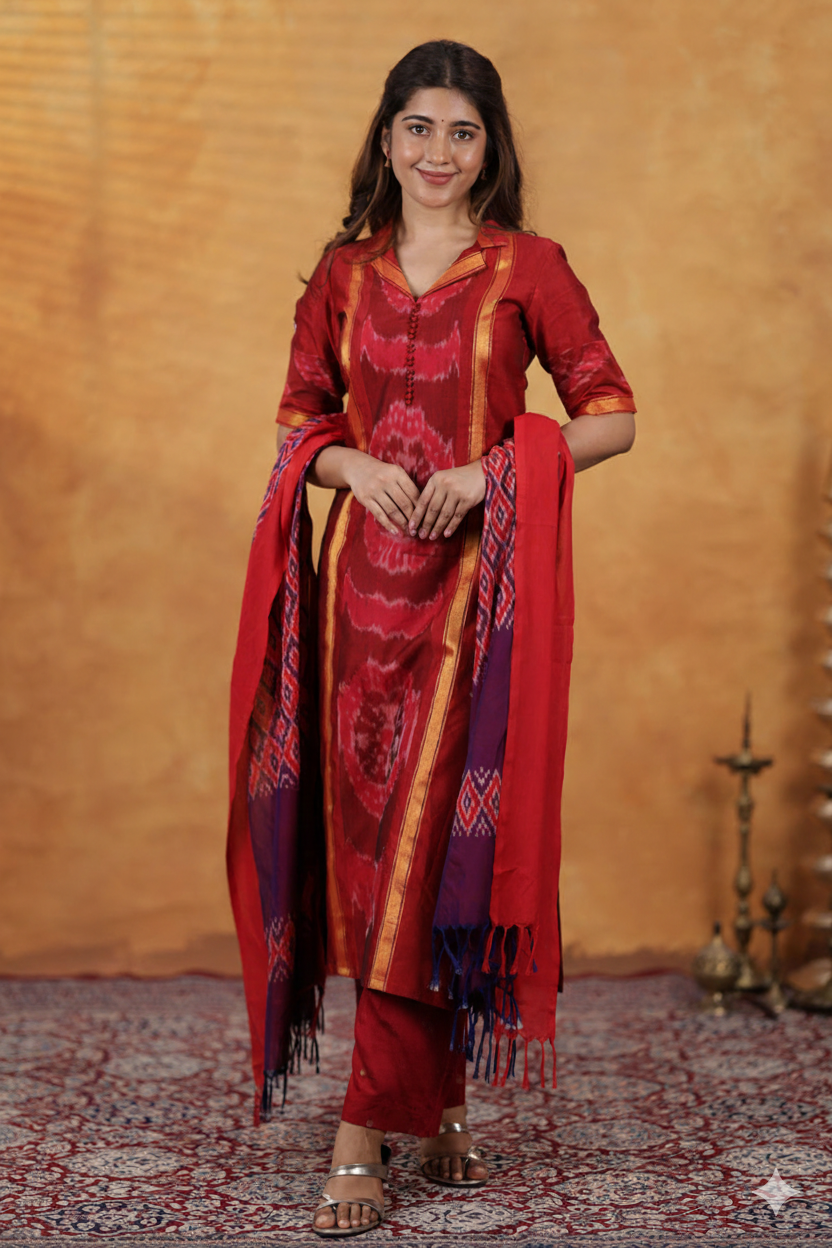 Trinetri Red Handloom Suit Set