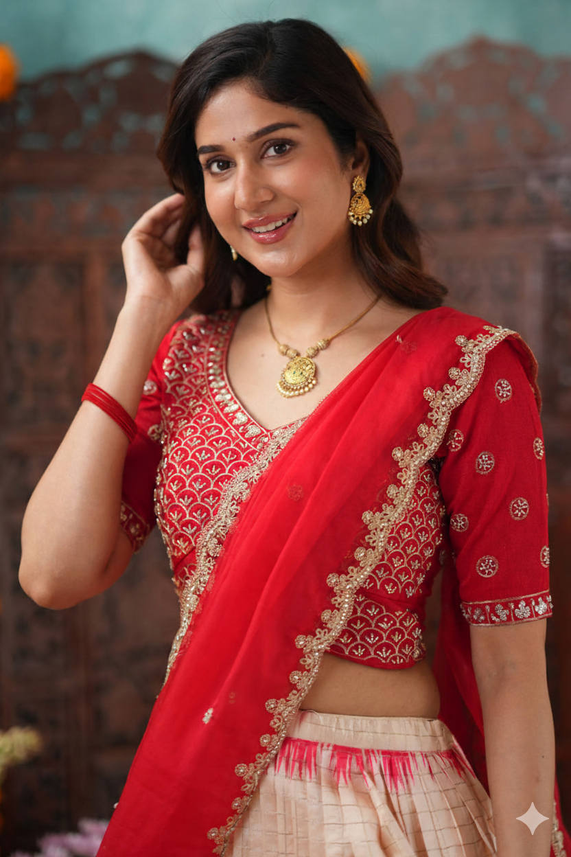 Red Checks Pattu Lehenga Set