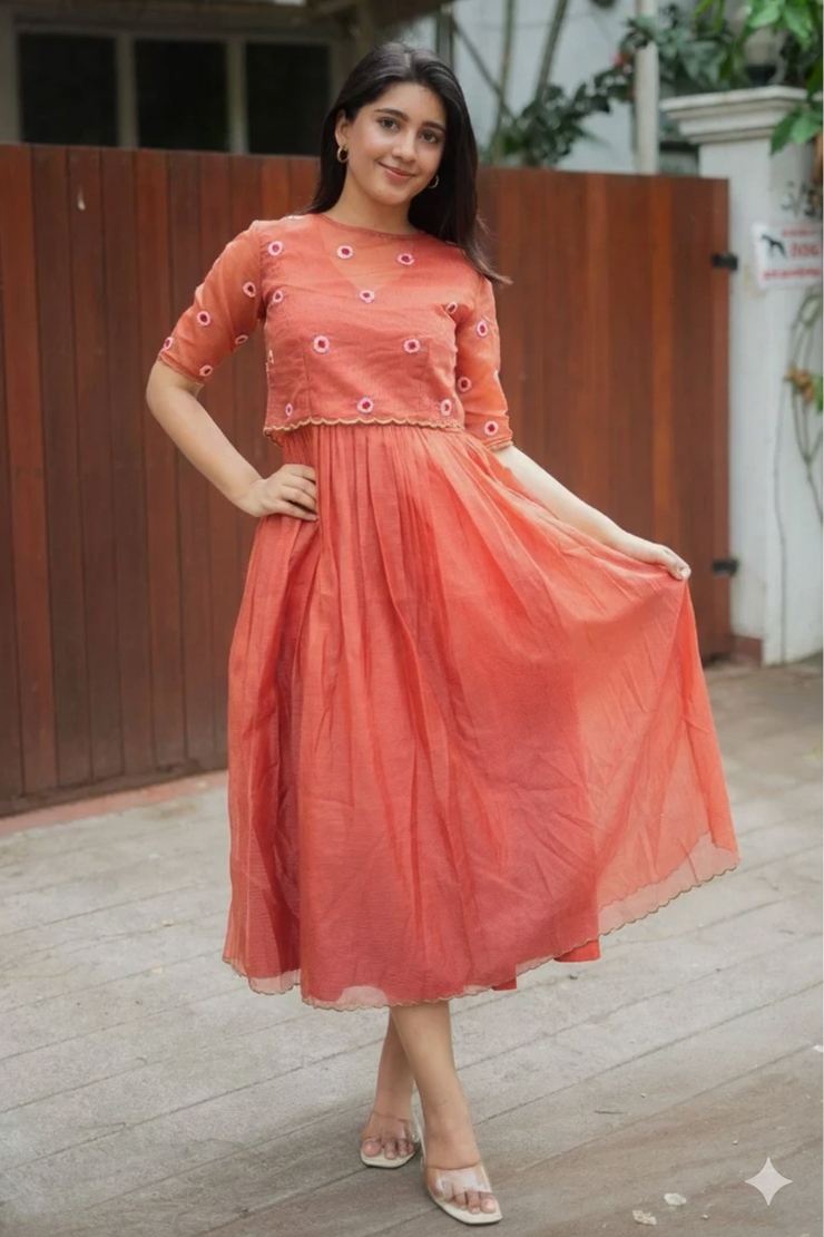 Tinyphool Kota Doria Midi(Dress) in Brown