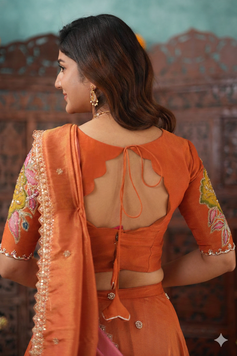Rusty Orange Golden Tissue Lehenga Set