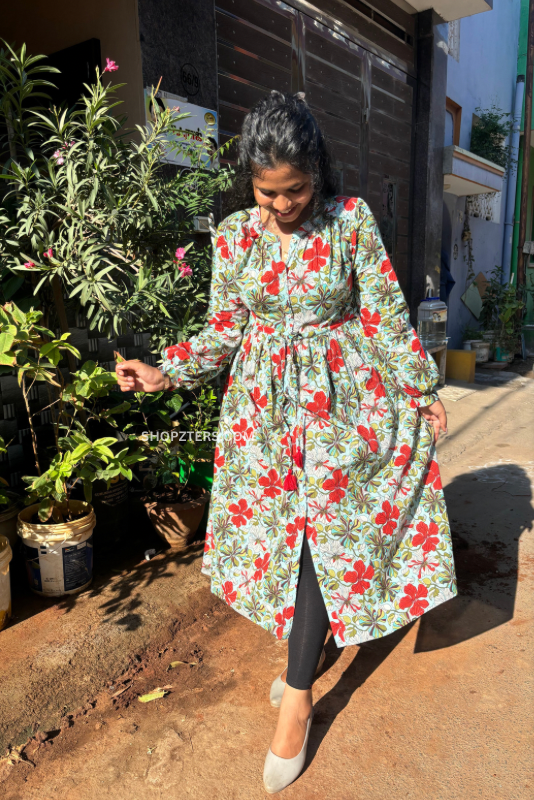 Green cotton flared dress