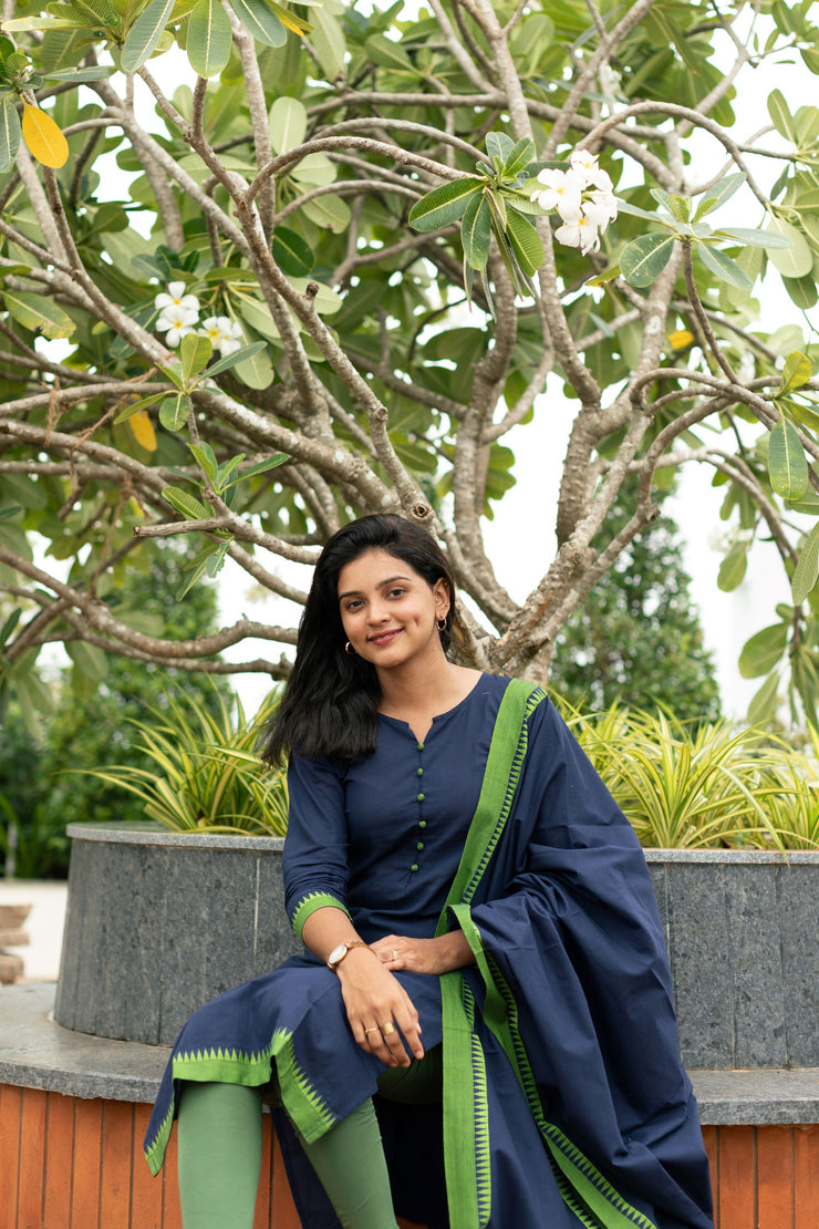 Navy Blue Handloom Dupatta Set