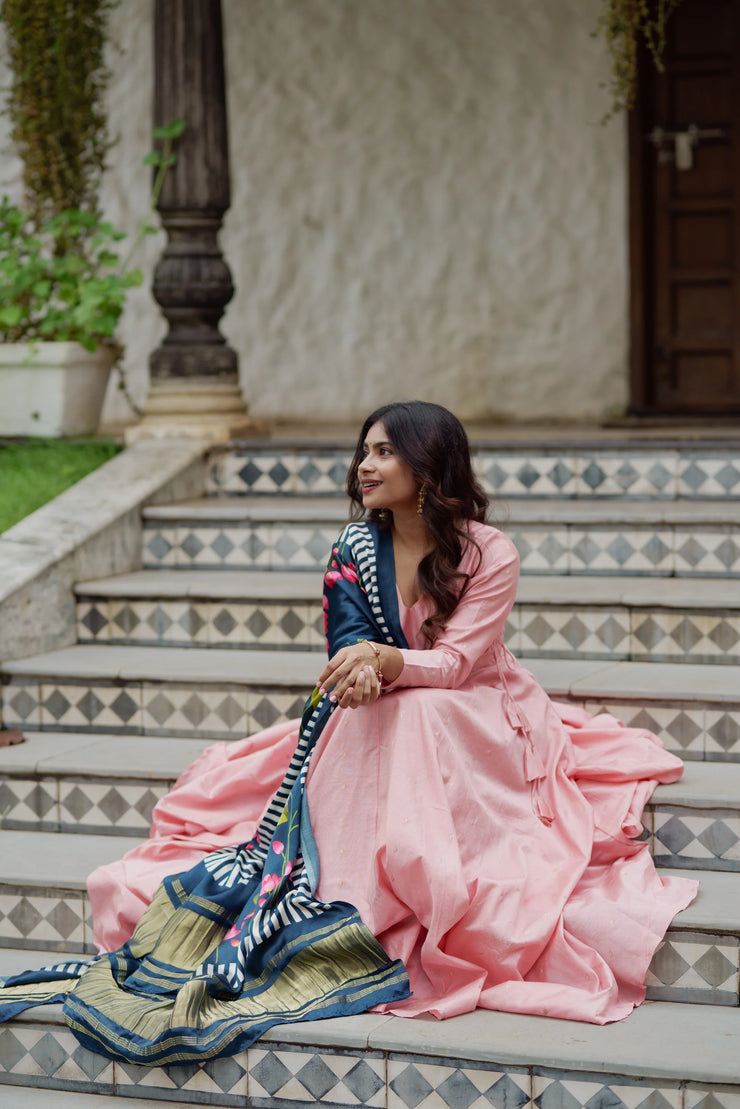 Angrakha style salmon pink Anarkali and suit set