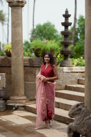 A beautiful maroon checkered kurta set in dupion silk,