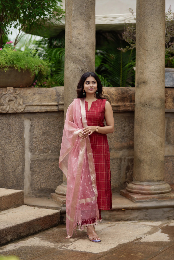 A beautiful maroon checkered kurta set in dupion silk,