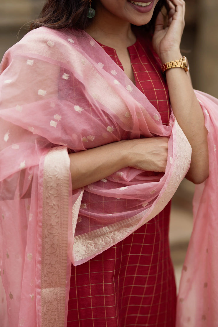 A beautiful maroon checkered kurta set in dupion silk,