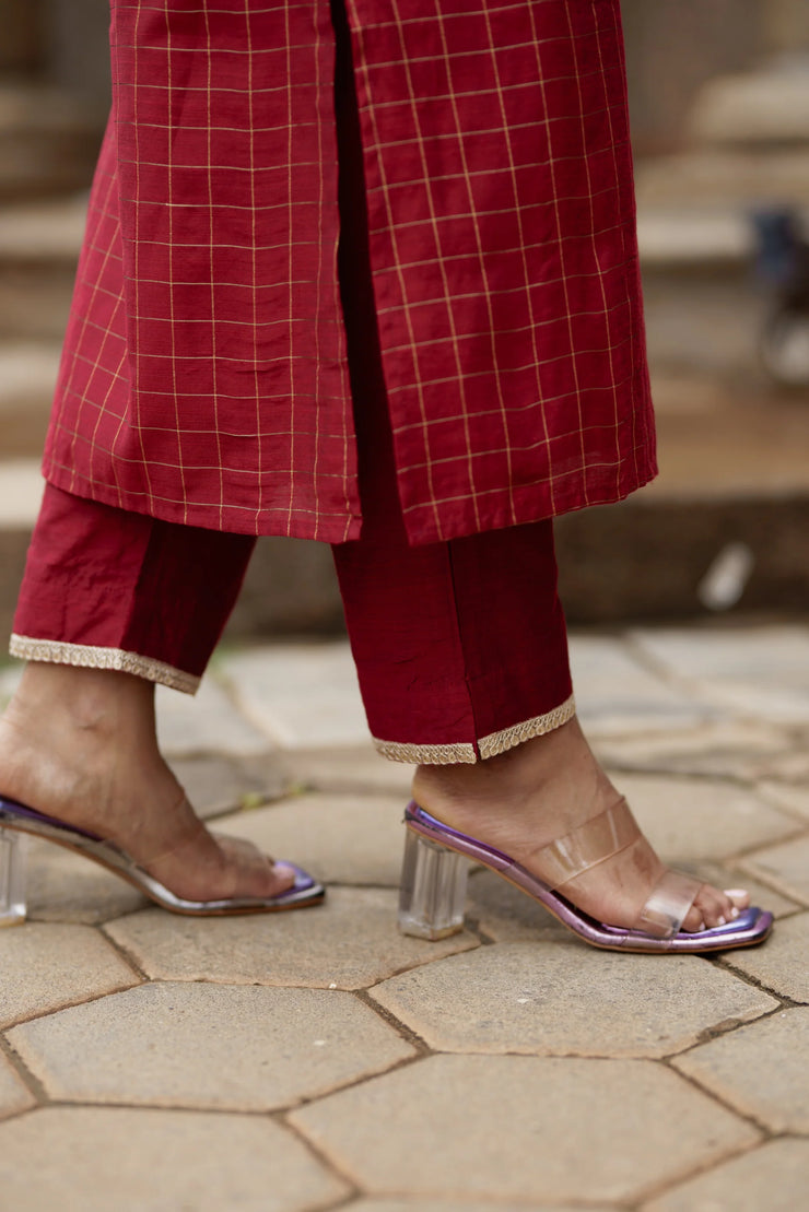 A beautiful maroon checkered kurta set in dupion silk,