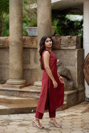 A beautiful maroon checkered kurta set in dupion silk,