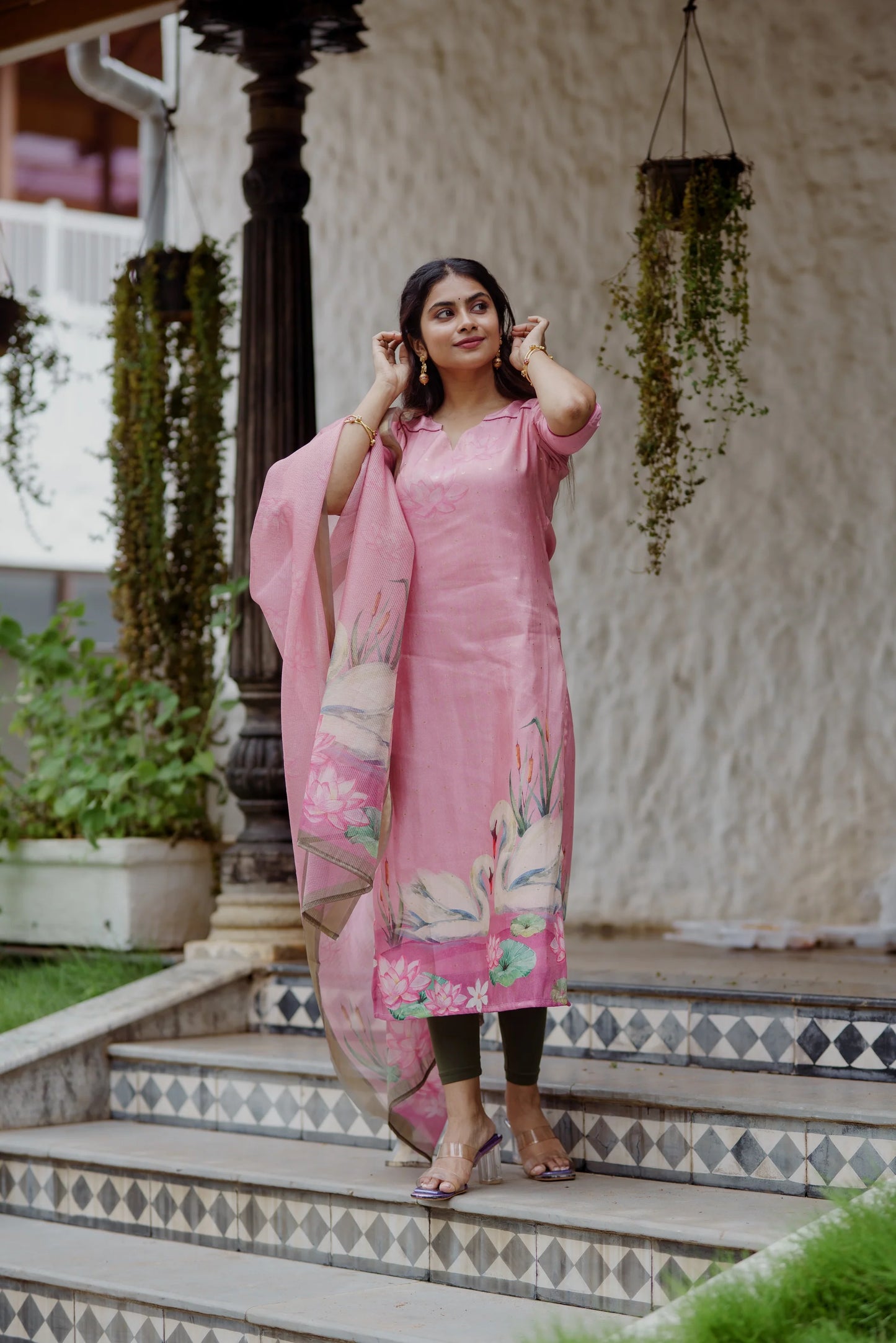 beautiful pink kurta with  Kota dupatta