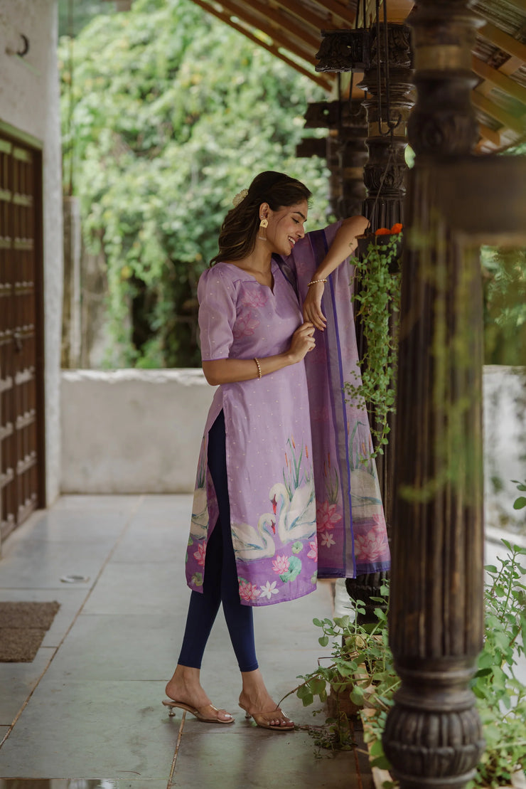 This beautiful lavender kurta with Kota dupatta
